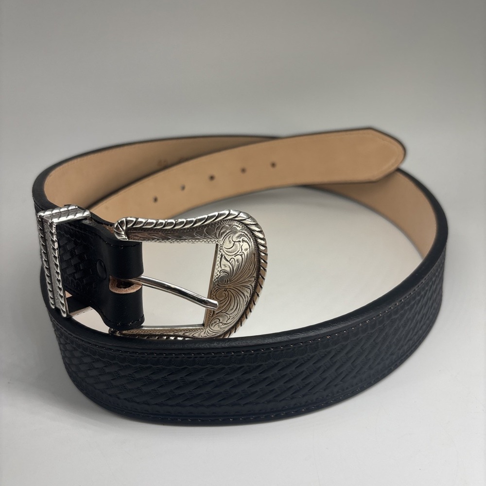 Justin C12263‎ Black Leather Bronco Western Belt Size 40 Woven EUC Made In USA
